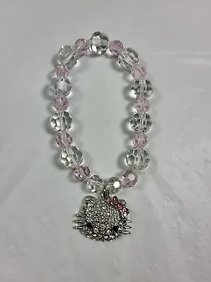 Buy Pink Kitty Rhinestone Charm Glass Bead  Bracelet  • 3.49£