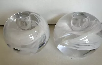 Buy 2 Kosta Boda Cool Moon Orb Round Crystal Taper Candle Holders ~ White Swirls • 37.10£