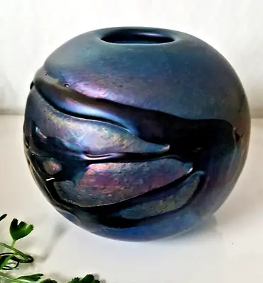 Buy Herb A Thomas Signed HAT Cobalt Amethyst Sculpted Art Glass Rose Bowl • 95.89£