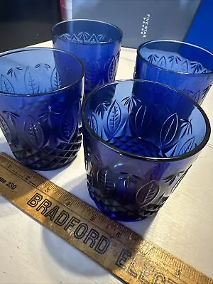 Buy Lot Of 4 Avon Royal Sapphire Leaf Cobalt Blue Old Fashioned Glasses France 10oz. • 19.21£