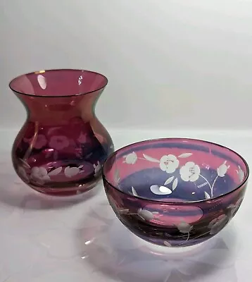 Buy Duo Royal Albert Hand Cut Etched Cranberry Crystal Sugar Bowl And Vase • 19.99£