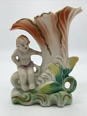 Buy Vintage Japan Bisque Cherub Cupid Angel Vase Figurine Horn Planter Bud Vase • 17.07£