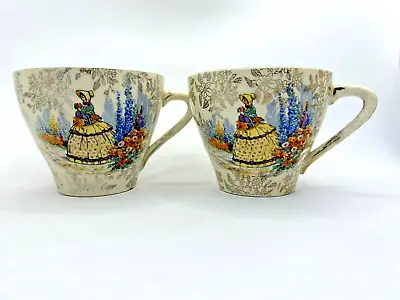 Buy Pair Empire England Crinoline Lady Gold Gilt Chintz Ware Tea Coffee Cups Vintage • 19.78£