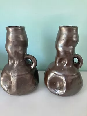 Buy Pair Antique/Vintage Unique Bretby Art Pottery Vases Iridescent Copper Glaze • 12£