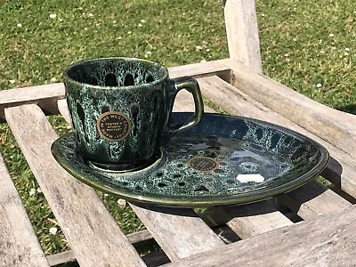 Buy FOSTERS Cornish Pottery  HONEYCOMB KERNEWEK GREEN LUSTRE Tennis Plate And Cup • 19.99£