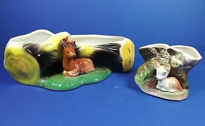 Buy Pair Of Withernsea Eastgate Pottery Fauna Deer & Fawn Posy Bowl Tree Stump Vases • 16.50£