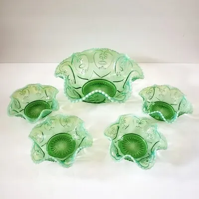 Buy Vintage Dugan Green Depression Opalescent Glass Dessert Fruit Bowl Set • 89.13£