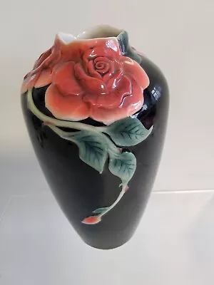 Buy Rare And Beautiful Franz Porcelain Black With Red Rose Flower Vase Li Fang 16cm • 31.99£