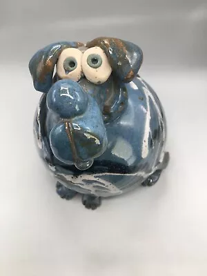 Buy Blue, White & Brown Dog Puppy Bank Studio Art Handmade Pottery 8x10” Mint • 25.89£