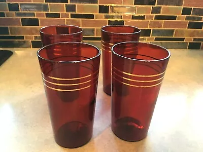 Buy Set Of 4 - Rare Vintage/Depression - Ruby Red Glasses With Gold Trim - 1930's • 34.01£