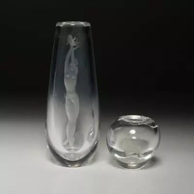 Buy Vicke Lindstrand Etched Figural Nude Woman Dove Clear Heavy Crystal Glass Vases • 285.82£