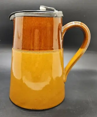 Buy Vintage Lovatt Langley Mill Two Tone Brown Jug With Pewter Lid Leadless Glaze • 15.99£