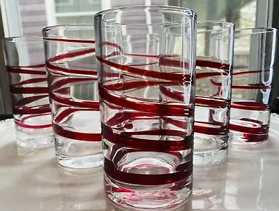 Buy Pier 1 Red Swirl Highball Drinking Glass Hand Blown Vintage Barware Set Of 6 • 60.37£
