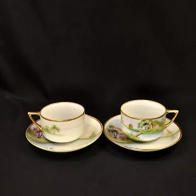 Buy Nippon M-in-Wreath Set 2 Cups & Saucers 1911-1918 Tree In Meadow Cabin W/Gold • 78.60£