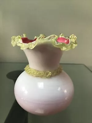 Buy Antique Stourbridge Opaline  Cranberry Glass Vase With Vaseline Glass Frills • 35£