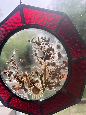 Buy Vintage-stained Glass/ Suncatcher-hanging/ Panel-folk Art Dried Wild Flowers • 19.99£