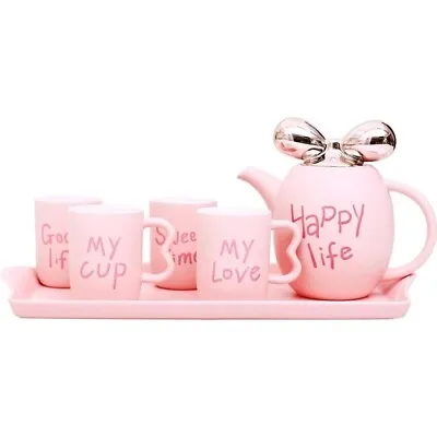 Buy 6PC Tea Set With Tea Pot Serving Tray Mugs Porcelain Teapot Breakfast Gift Pink • 28.99£