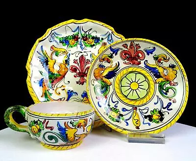 Buy Fratelli Fanciullacci Pottery Phoenix Fleur De Lis 2  Cup & Saucer Trio 1950 • 78.62£