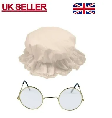 Buy Victorian Nanny Grandma Fancy Dress White Mop Cap Hat And Clear Round Glasses. • 5.40£