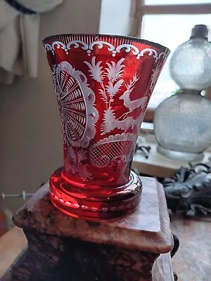Buy Vintage Egermann Cut Ruby Into Clear Glass Bohemian Etched Hunting Beer Glass  • 39£