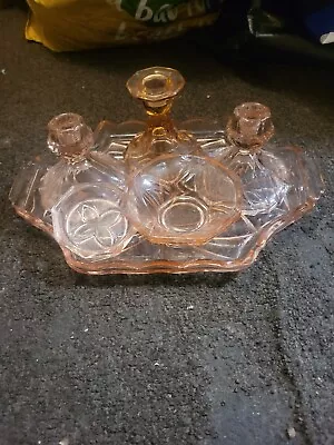Buy Vintage Deco Pink Glass Dressing Table Set Tray Bowls Candle Holders • 25£