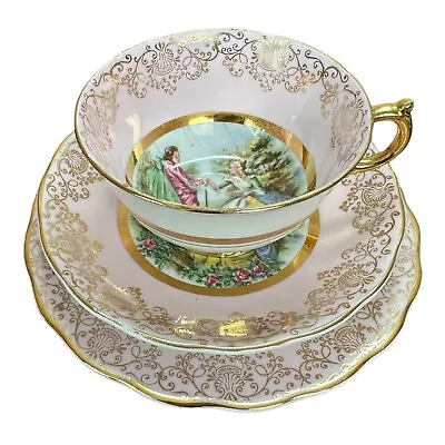 Buy Ashley Fine Bone China Trio Courting Scene 22Kt Gold Pink Cup Saucer Side Plate • 15.99£