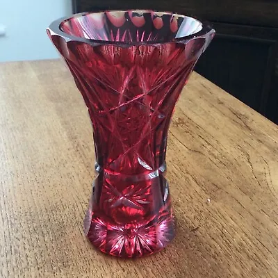 Buy Vintage Bohemian Czech Lead Crystal Cranberry Red Glass Vase Trumpet Shape  • 22£