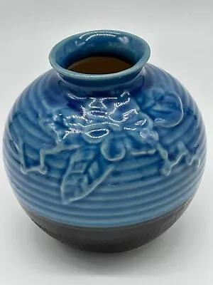 Buy Art Pottery Embossed Ceramic Vase Crackle Blue Glaze Black Bottom 5.5  • 12.48£