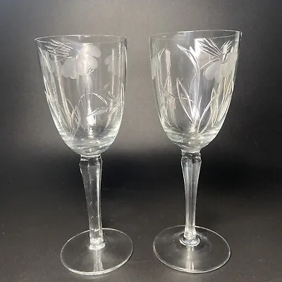 Buy Vintage  Etched Crystal Floral Wheat Wine Water Glasses Stemware Set Of 2 • 27.85£