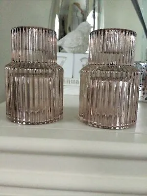 Buy Tesco Pair Of Ribbed Glass Tea Light / Taper Candle Holders In Taupe • 5£