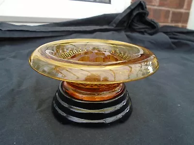 Buy Vintage Davidson Amber Glass Posy Vase With Frog And Black Glass Plinth • 20£