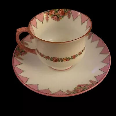Buy Paragon Star Art Deco Cup & Saucer Pink Floral & Triangle Design Fine Bone China • 295£