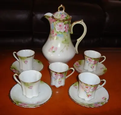 Buy Hand Painted Nippon Tea Chocolate Coffee Set,  Pot, 5 Cups & 4 Saucers, Roses • 131.87£