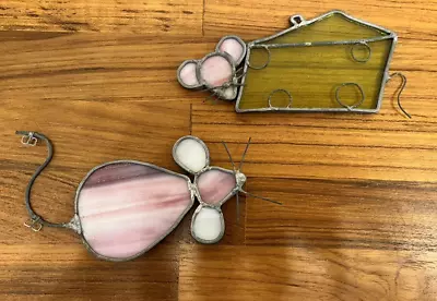 Buy Set Vintage Leaded Stained Glass Mice Pink Mouse Suncatchers Cheese • 14.47£