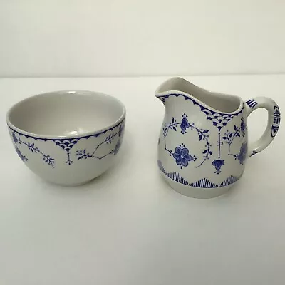 Buy Furnivals Blue Denmark Ribbed Tea Set Cream & Open Sugar Bowl VGC • 16.99£