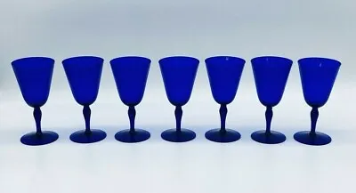 Buy SET Of 7 Cobalt Blue Crystal 6 Oz 5-1/2  White Wine Glasses Bulbous Stem 2-7/8  • 38.41£