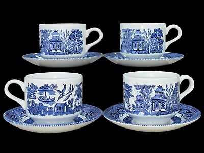 Buy Vintage Churchill Blue Willow Bird Tree Boat Teacups And Saucers Set Of 4 China  • 39.21£