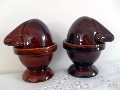 Buy Denmead Pottery 2 X Mr Nosey Egg Cups With Lids Smiley Big Nose Brown Glazed  M9 • 4.99£