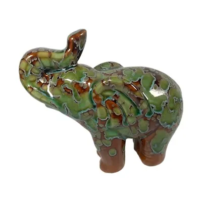 Buy Ceramic Elephant Figurine Trunk Up Good Fortune Green And Brown Drip Glaze 6   • 19.20£