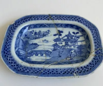 Buy Antique Chinese Blue And White Willow Pattern Porcelain Plate - Badly Damaged. • 3.99£