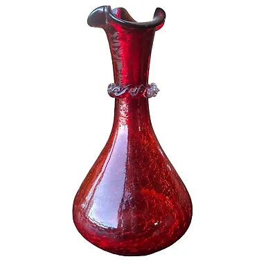 Buy Vtg Ruby Red Amber Crackle Glass Hand Blown Bud Vase Ruffled Rim Applied Rigaree • 25.10£