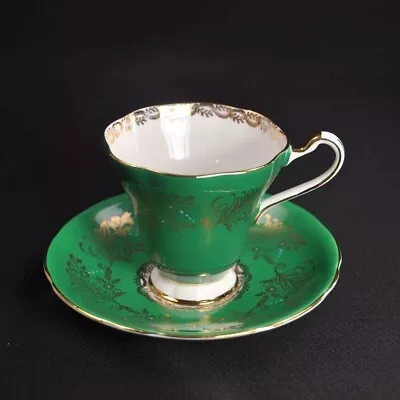 Buy Royal Stafford Cup & Saucer Corset Green Gold Flower Scrollwork Bead 1940-1960's • 84.50£