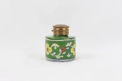 Buy Small Ceramic Green Ink Pot Indian Blue Pottery Old Brass Cap Collectible Pot • 50.72£
