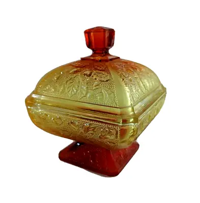 Buy Glass Depression Ware Leaf Acorn W/ Lid Yellow Red Amberina Glass Candy Dish • 28.46£