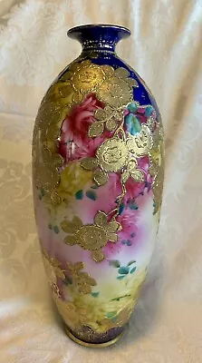 Buy Antique 14” Gold Encrusted Floral Nippon Vase (Noritake) Maple Leaf Mark • 116.62£