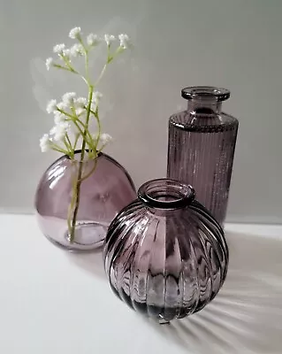 Buy Set Of 3 Amethyst Glass Bottle Vase Vintage Style • 10.99£