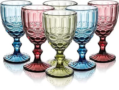 Buy Coloured Wine Goblets Wine Glasses Set Of 6 Embossed Pattern Vintage Glassware • 19.95£