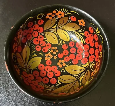 Buy Russian USSR Gold Leaf Red Berries Black Surface Lacquered Vintage Bowl Kohkloma • 9.99£