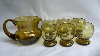Buy Set 6 Retro Vintage Mid-Century Amber Yellow Glasses + Pitcher Jug 1970's • 25.99£