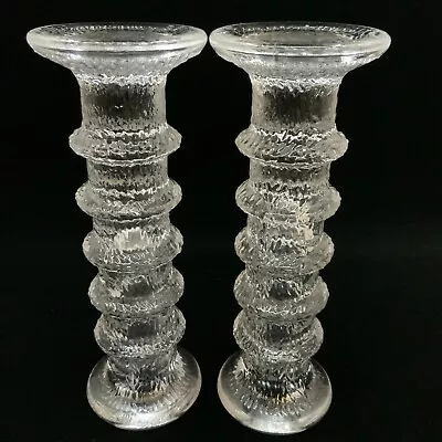 Buy VTG Pair Of Scandinavian Style Clear Glass 5 Ring  Ice  Candlestick Holders 8” • 86.89£